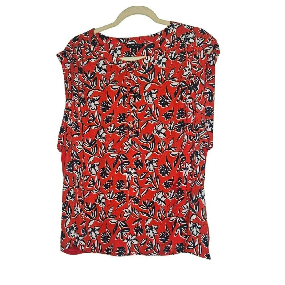 Zac & Rachel Womans Reddish Orange Floral Print Blouse Top Flowy Loose Fit